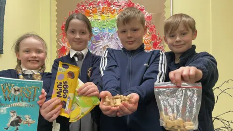 Andrew Turner/BBC Freddie and Dexter with classmates Lily and Sophie