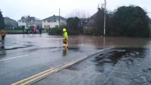 Tony Caley-Burnell Road in Dinas Powys flooded