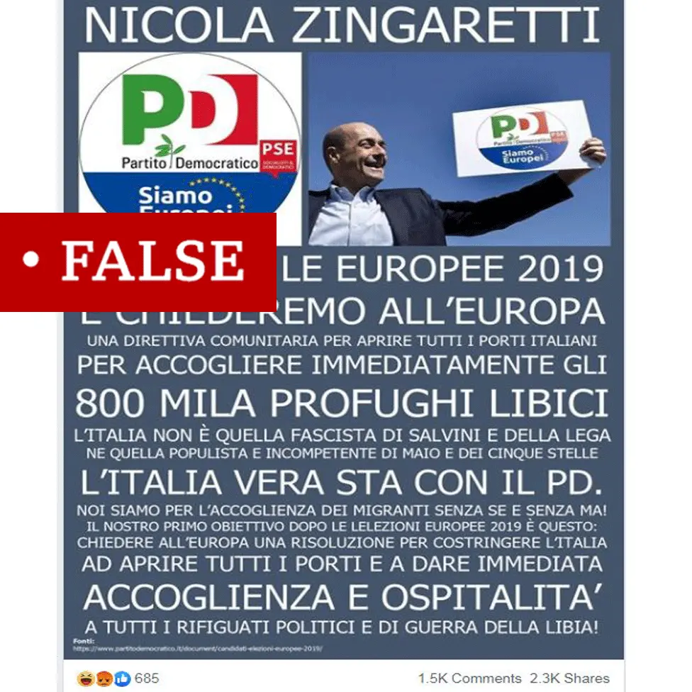 Screenshot of the fake Nicola Zingaretti quote from Facebook labelled "false"