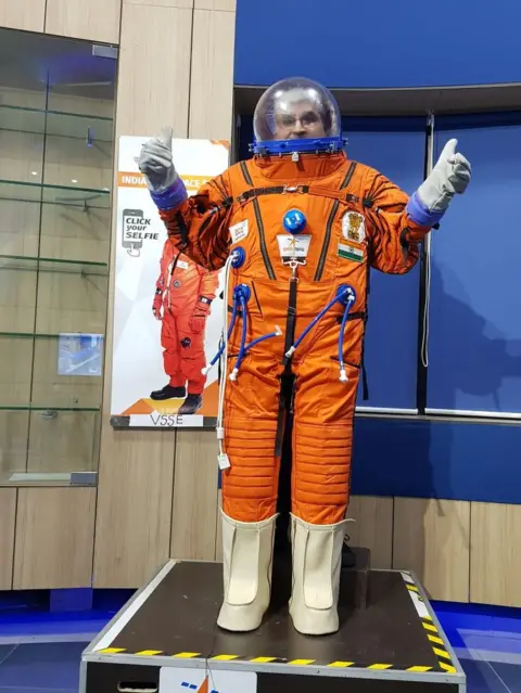 AFP A prototype Indian-made space suit is displayed on 14 August 2018 at the Space Applications Center in Ahmedabad.