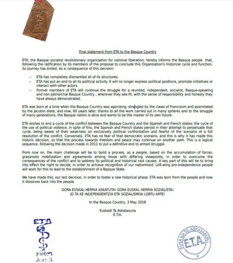 Eta State from Eta to the BBC announcing the Basque separatist group in disbanding