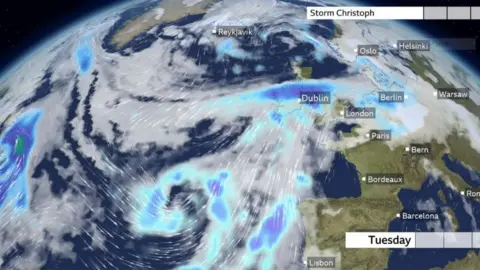 Weather map highlighting Storm Christoph