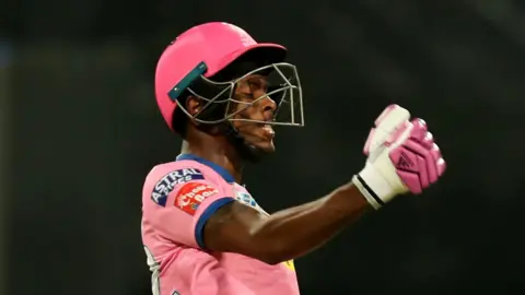 Jofra Archer celebrates hitting the winning runs for Rajasthan Royals against Kolkata Knight Riders