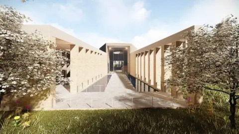 DT Architects External view from the walk of reflection for a planned crematorium in Steppingley