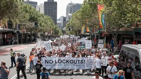 Getty Images Protesters march down Sydney's Oxford St calling for the lockout laws to be repealed in 2016