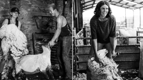 Billie Charity Annette Jones of Meadow Croft Farm, Dorstone, with her son, shearing sheep, and Kathryn Tarr of Llanbedr Hall, Painscastle shearing sheep
