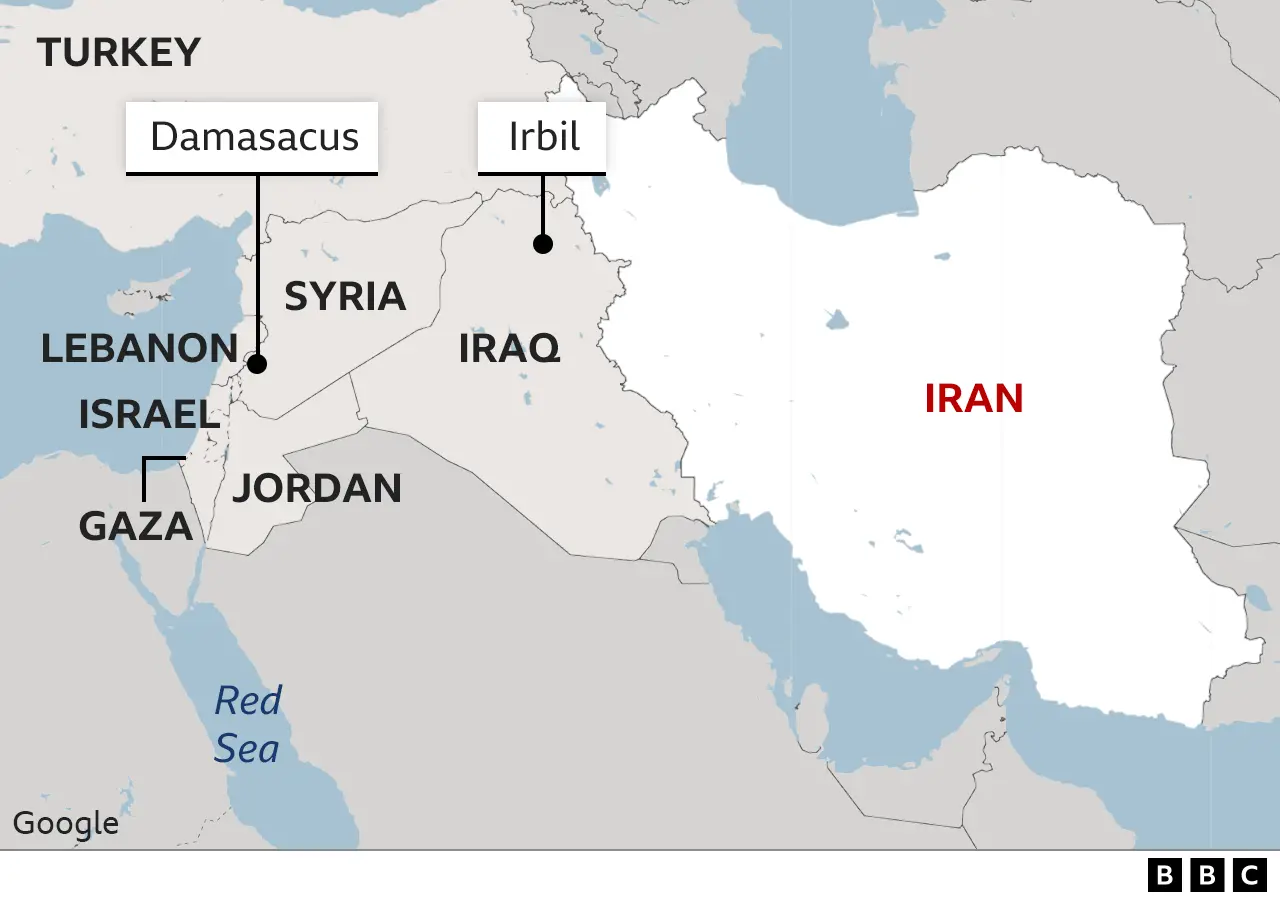Mapa mostrando Irã, Israel e Líbano