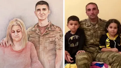 BBC Composite image of Sargis Hakopyan with his mother (L) and Fariz Gasanov and his children
