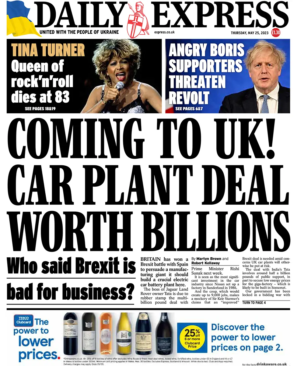 The headline in the Express reads: "Coming to UK! Car plant deal worth billions"