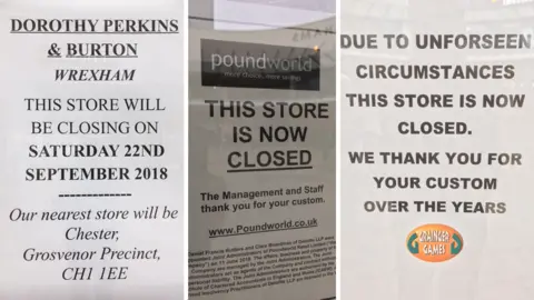 BBC Closure notices on the shop windows of Burton, Dorothy Perkins, Grainger Games and Poundworld