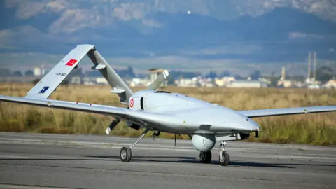 Getty Images Turkish Bayraktar TB2 armed drone at base in northern Cyprus, 16 Dec 19