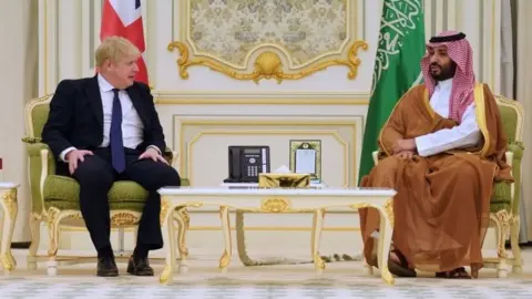 PA Media Prime Minister Boris Johnson is welcomed by Mohammed bin Salman Crown Prince of Saudi Arabia