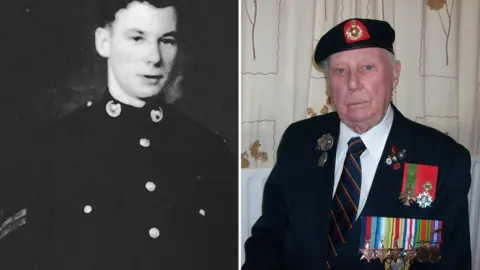 British Normandy Memorial/Family photos Composite image of Mr Quinn during his service and a later photograph