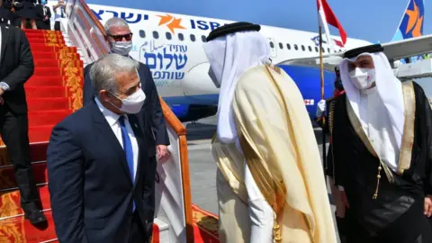 Yair Lapid Israeli Foreign Minister Yair Lapid (L) is greeted at Manama's airport by Bahraini Foreign Minister Abdul Latif Al-Zayani (30 September 2021)