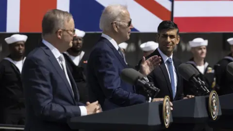 EPA Australian Prime Minister Anthony Albanese, US President Joe Biden and United Kingdom Prime Minister Rishi Sunak hold a press conference at the Naval Base Point Miramar in San Diego, California, USA