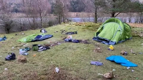 The Lakes Plastic Collective Rubbish and tents at Thirlmere