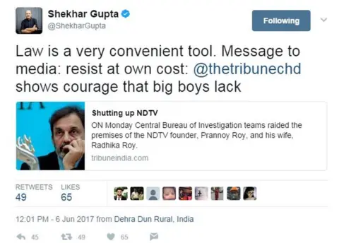 Shekhar Gupta Law is a very convenient tool. Message to media: resist at own cost: @thetribunechd shows courage that big boys lack