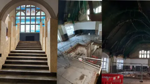 Wiltshire Council Three images next to each other - grand staircase with chipboard protecting the walls, view from the roof inside looking down on down on two levels and a shop looking upwards at the roof trusses