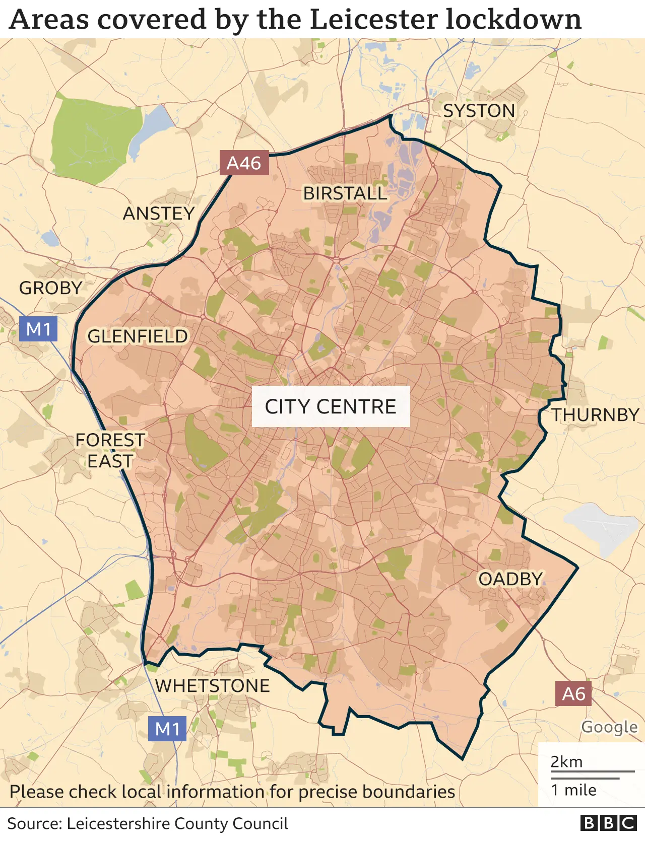 Map showing the area covered by the Leicester lockdown.