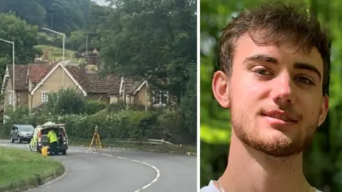 BBC/Family Photo Corey Owen and the scene of the fatal crash on the A4