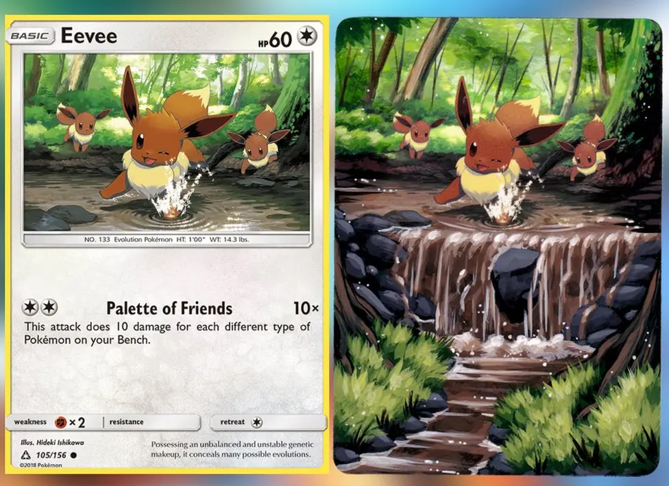 @Lunumbra/The Pokemon Company An Eevee Pokemon card. The original forest artwork has been extended to show a waterfall.