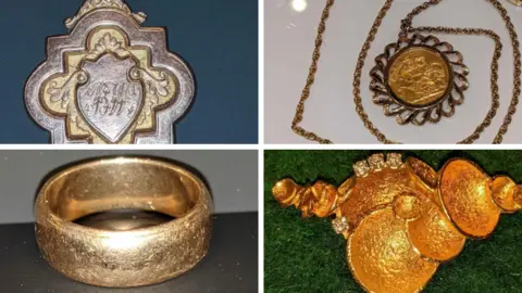 Gwent Police four pictures of stolen items including a ring, a diamond brooch, a medal and a necklace