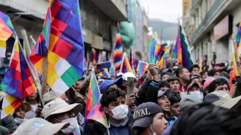 Reuters A crowd of protesters waved the multicoloured Wiphala flag