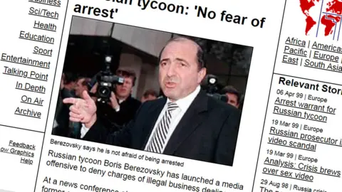 A screen grab of the BBC website in 1999, showing Berezovsky in a photo with the headline: Russian Tycoon: No fear of arrest