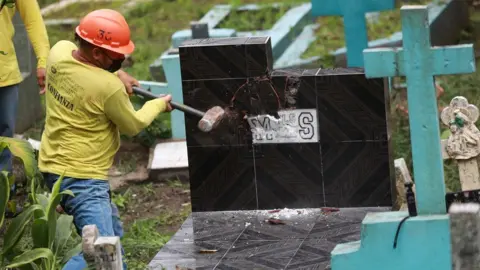 Reuters A grave of an MS-13 member is destroyed by a prison inmate