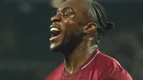 West Ham winger Michail Antonio celebrates his goal against Liverpool