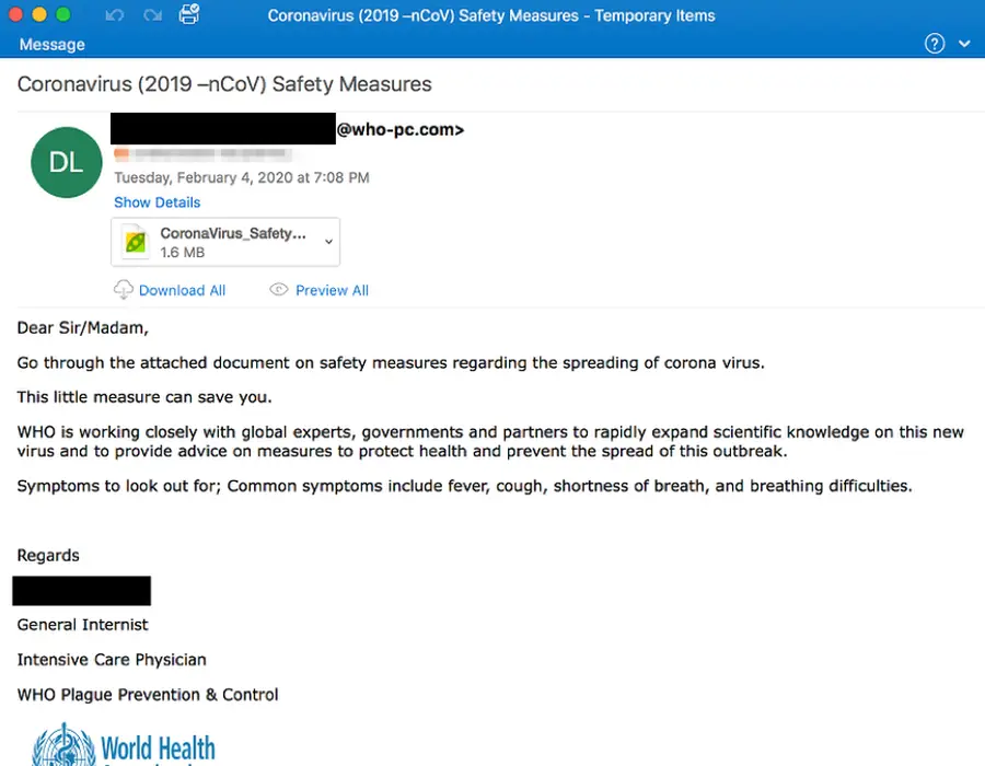 Proofpoint Screenshot of fake WHO scam