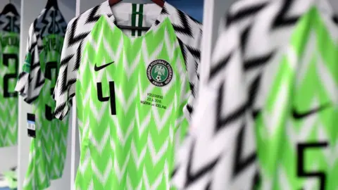 Getty Images Nigeria shirts hanging in the team's dressing room ahead of the 2018 World Cup match against Iceland