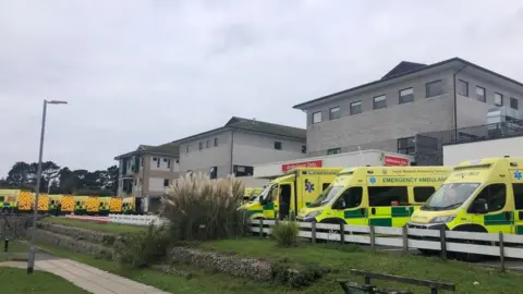 BBC Ambulances waiting outside Royal Cornwall Hospital