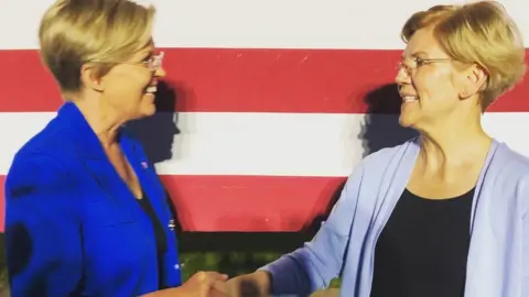 Stephanie Oyen/ Facebook Stephanie Oyen (left) finaly met her doppleganger, US senator Elizabeth Warren