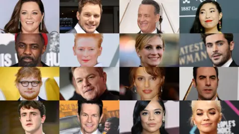 Reuters/Getty Images/EPA/BBC Melissa McCarthy, Chris Pratt, Tom Hanks, Awkwafina, Idris Elba, Tilda Swinton, Julia Roberts, Zac Efron, Ed Sheeran, Matt Damon, Natalie Portman, Sacha Baron Cohen, Paul Mescal, Mark Wahlberg, Tessa Thompson, Rita Ora