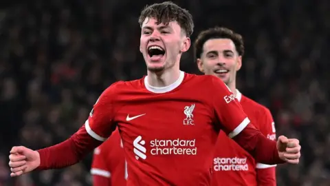 Getty Images Conor Bradley celebrates scoring against Chelsea