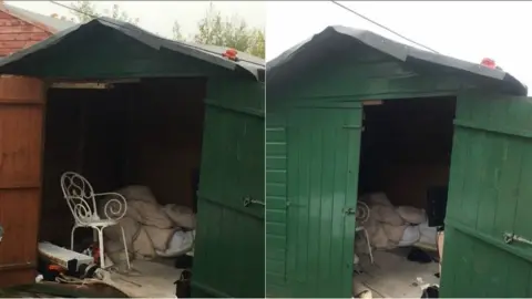 GLAA Two images of the shed with dirty bedding and a chair inside