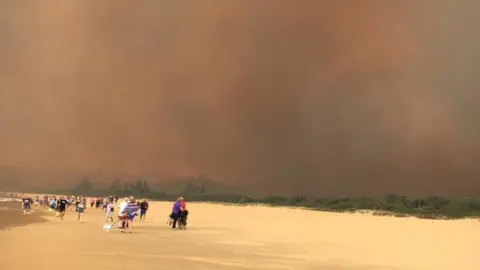 SIMONE WARD The Tathra blaze seen along the coastline as residents evacuate along the beach