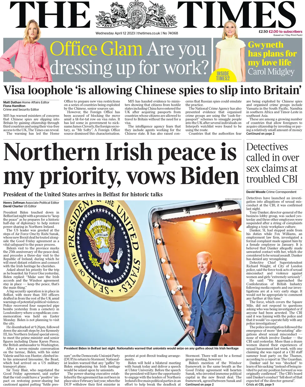 Times front, 12 April 2023
