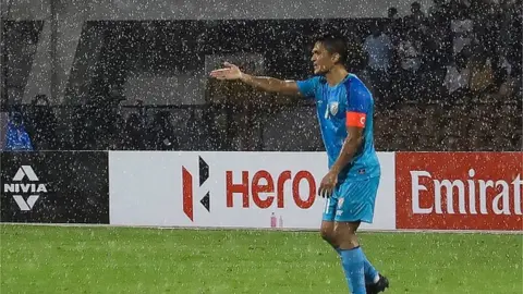 Getty Images India's Sunil Chhetri reacts during the Group A South Asian Football Federation Championship match between India and Pakistan at the Shree Kanteerava Stadium in Bengaluru on June 21, 2023. (Photo by AFP) (Photo by -/AFP via Getty Images)