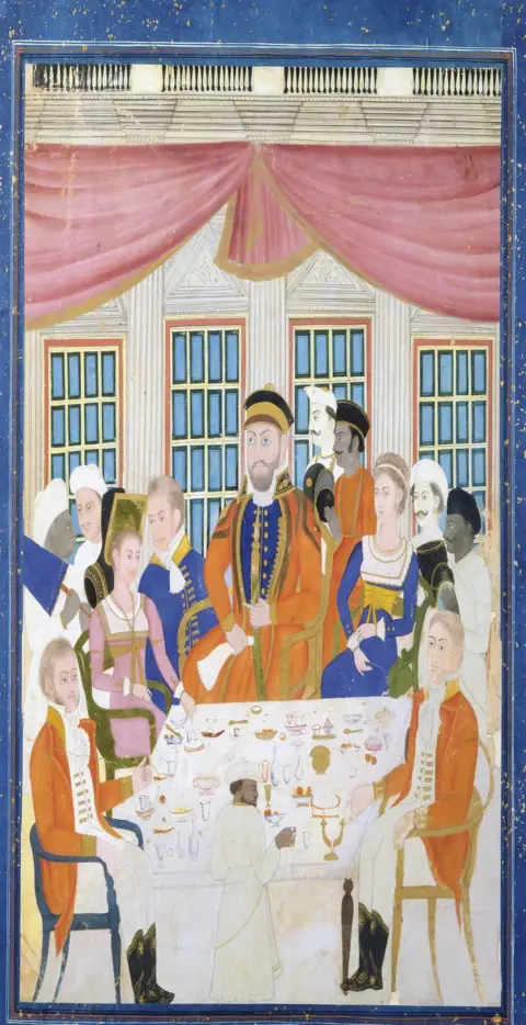 BBC A finely painted miniature depicting four British officers with their wives taking refreshments at a table