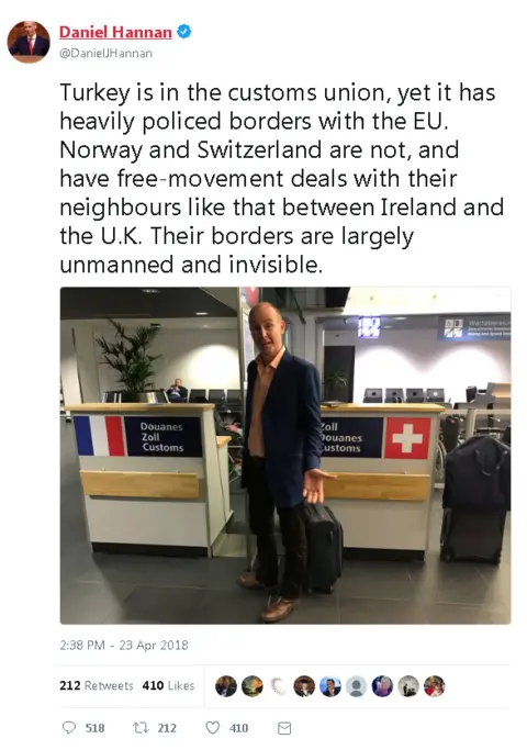 Twitter Dan Hannan tweet: Turkey is in the customs union, yet it has heavily policed borders with the EU. Norway and Switzerland are not, and have free-movement deals with their neighbours like that between Ireland and the UK. Their borders are largely unmanned and invisible.