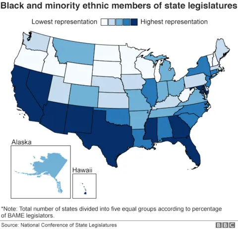 Map showing the percentage of legislators from minority groups in every US state