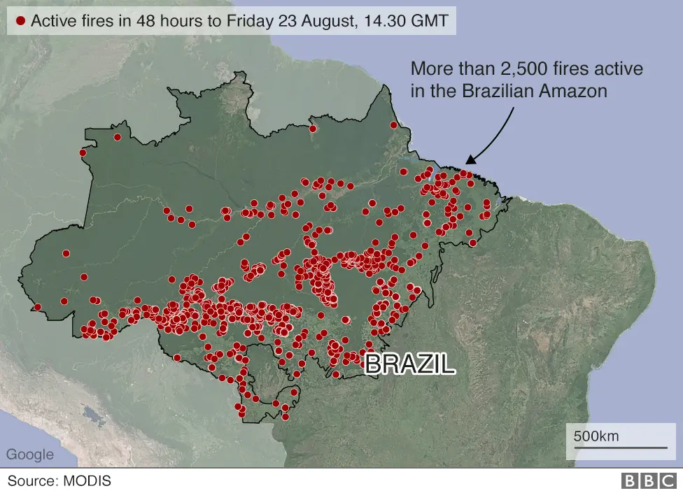 Map showing active fires in the Brazilian Amazon