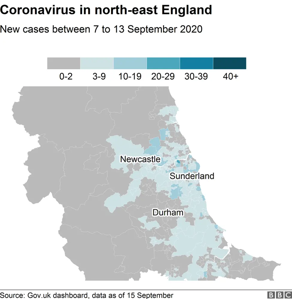 Map showing coronavirus cases in the north-east of England