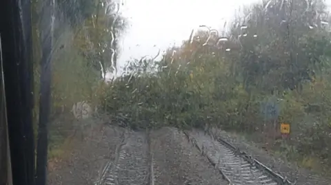 West Midlands Railway Looking through the very wet window of a railway cab. Two sets of rail lines can be seen with the greenery from fallen trees blocking them both