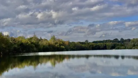 A body of water - possibly a lake - is lined by trees and hedges. Power cables can be seen hanging over the water under a blue sky with fair-weather clouds