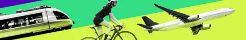 Banner with green and purple colours. There's an image of a train, bicycle and aeroplane. 