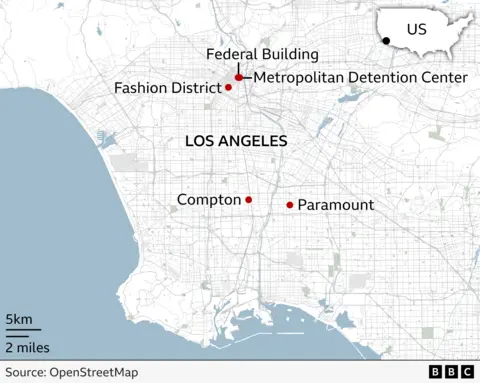 A BBC map highlights locations in Los Angeles: Cowntown, including the Federal Building, Fashion District and Metropolitan Detention Center; as well as Paramount and Compton