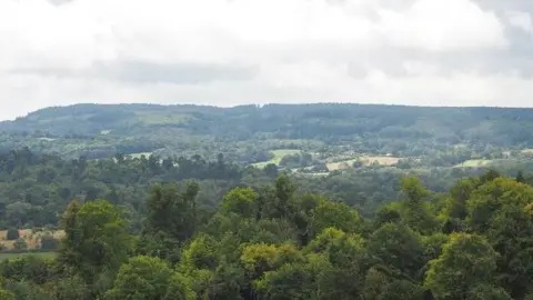 GillsEyeView/BBC Trees and hills. White clouds above.